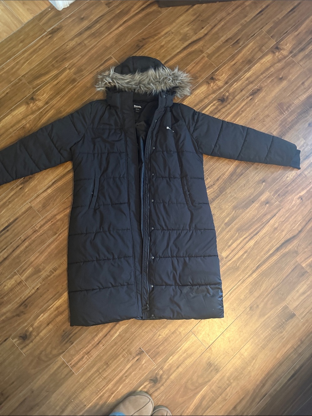 Bench Long Black Puffer Coat with Faux Fur Hood